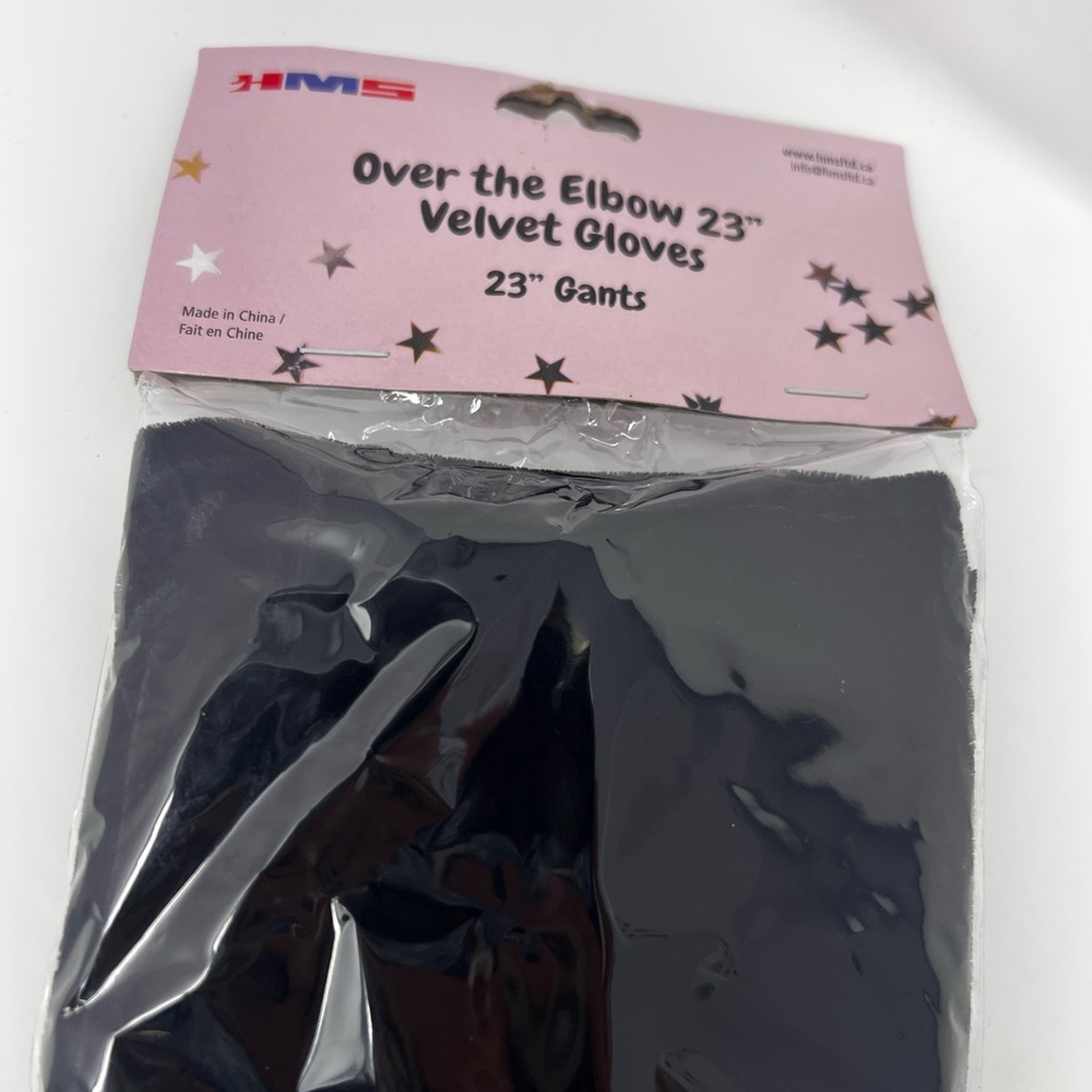 Halloween costume 23” over the elbows black velvet gloves  HMS new in package